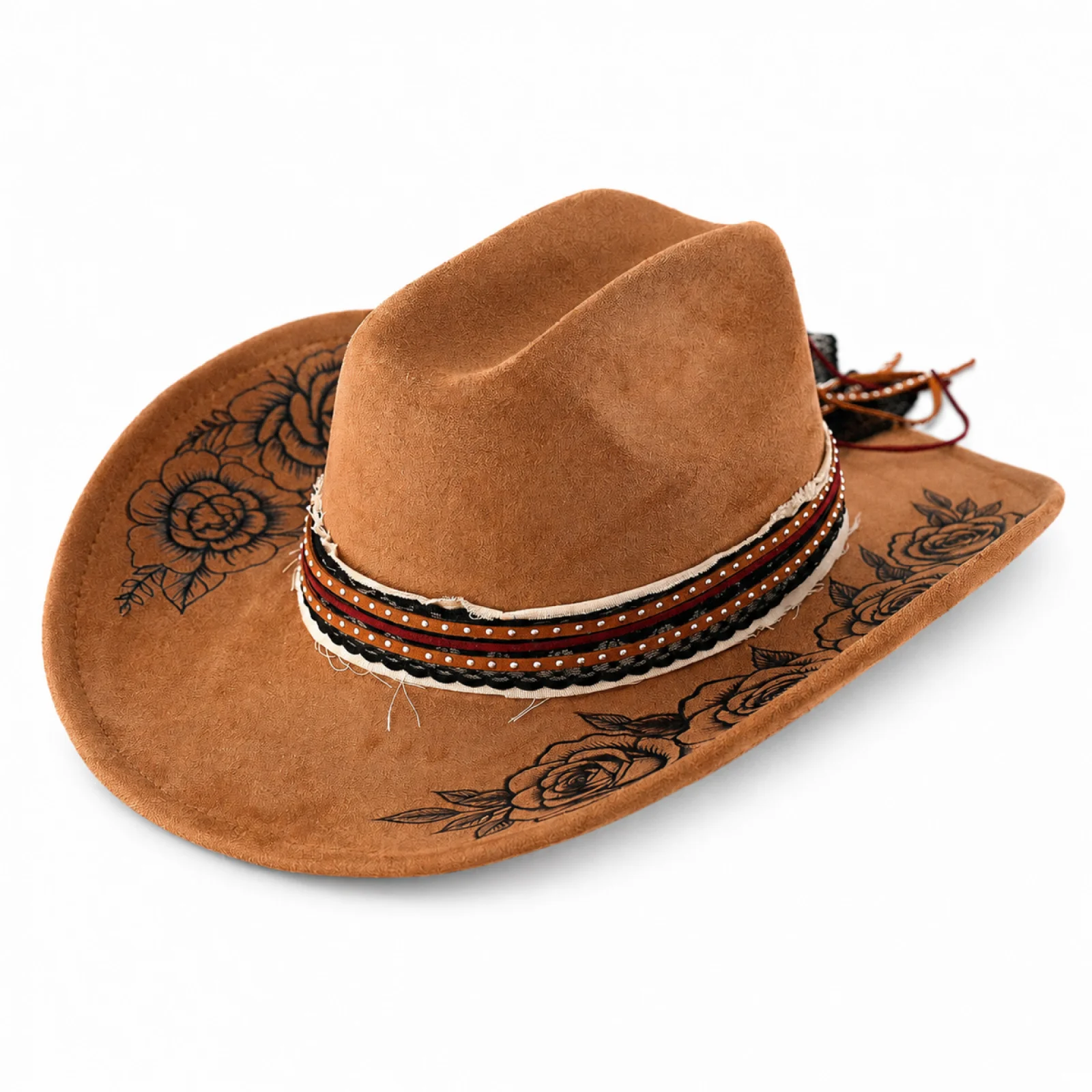 Women Men Western Cowgirl Hat Rolled Up Brim Jazz Caps with Decorative Band