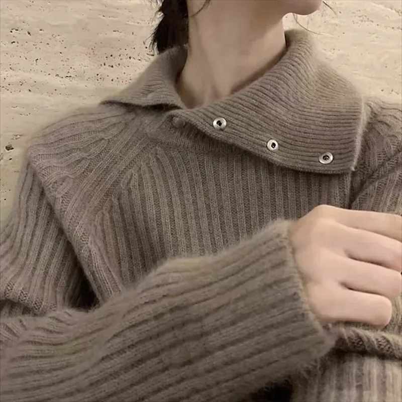

Осенне-зимний пуловер, однотонный свитер с лацканами, женский свитер с высоким воротником, ленивый топ