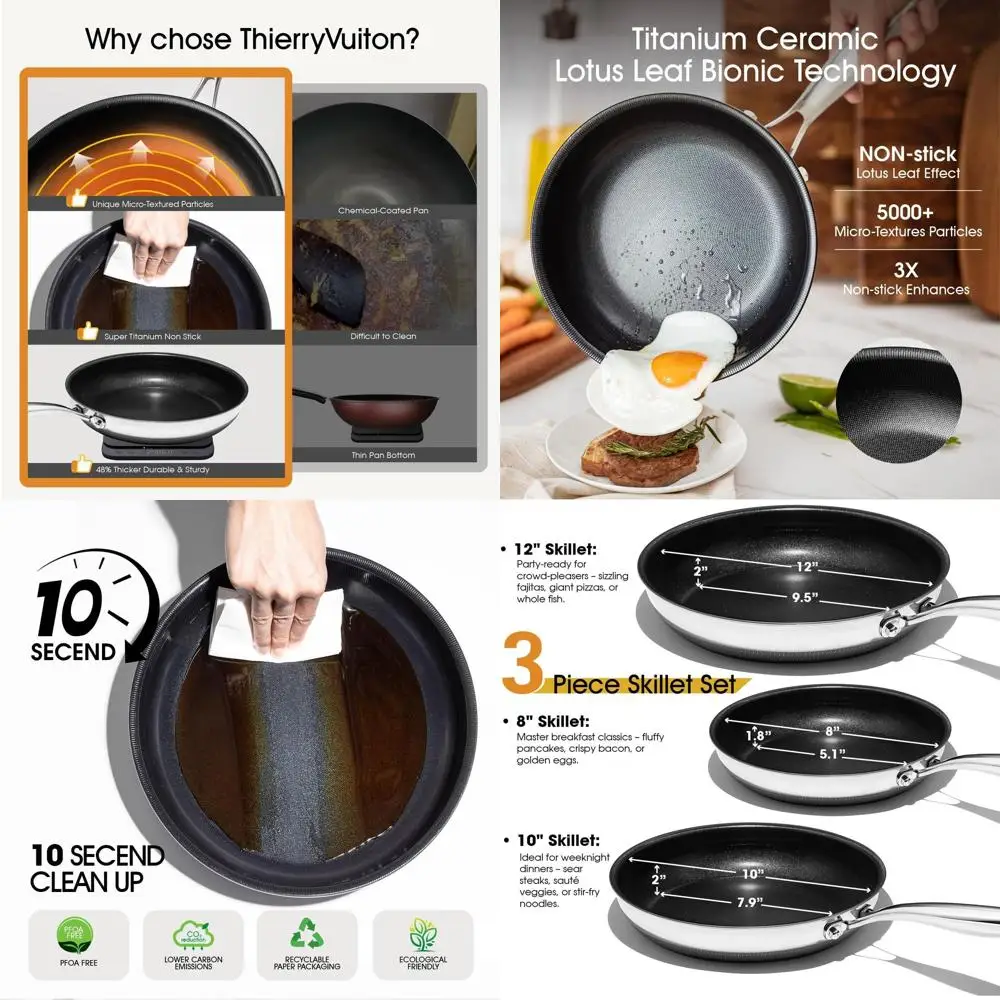 

12-титановая керамическая сковорода с антипригарным покрытием и крышкой, прохладная ручка, безопасная и посудомоечная машина/пригодная для духовки