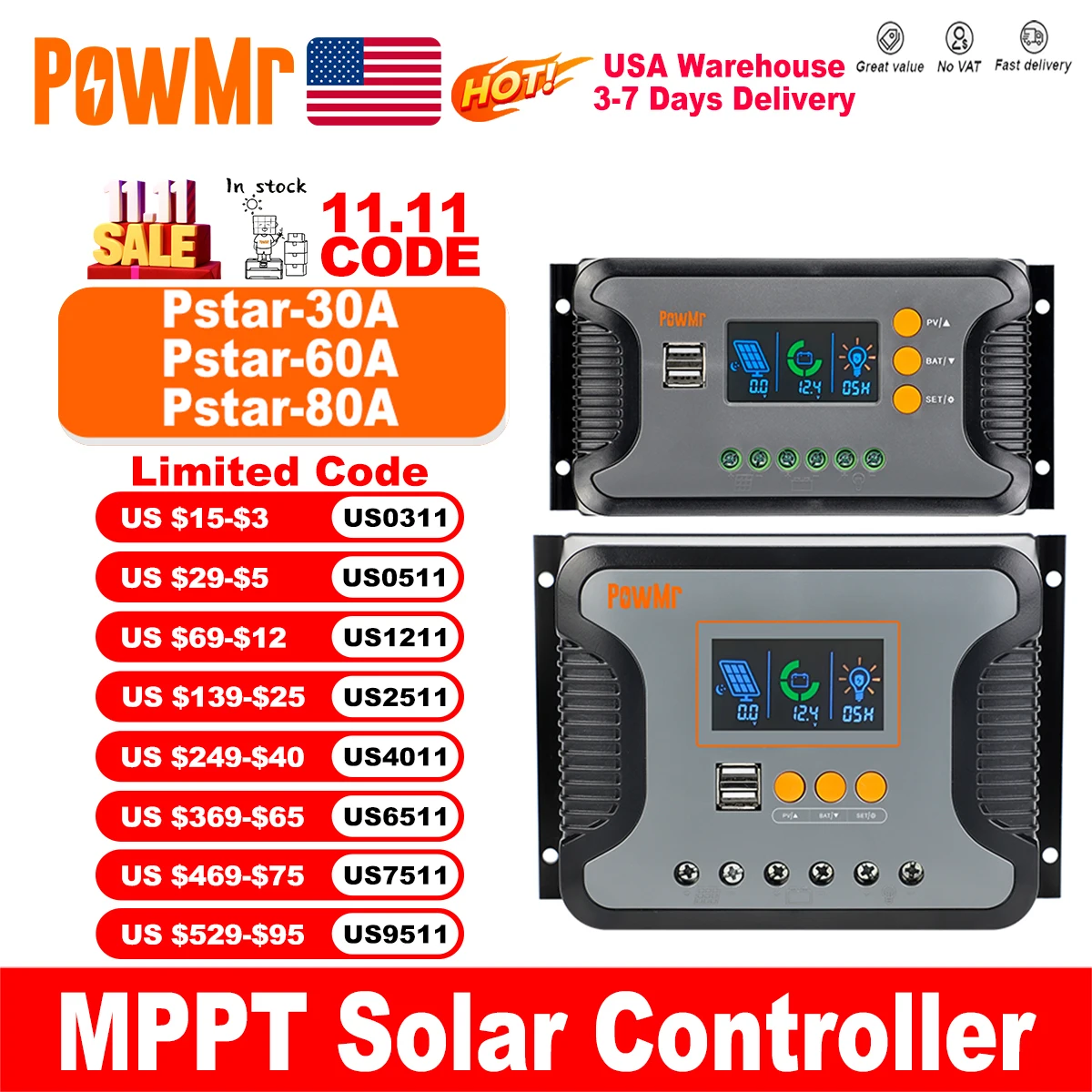 PowMr-وحدة تحكم شحن الطاقة الشمسية مع شاشة ليد ، USB ، 5 فولت ، 2 أمبير ، PV ، خارج ، يعمل بهدوء ، 12 فولت ، 24 فولت ، 36 فولت ، 48 فولت ، 30 أمبير ، 60 أمبير ، 80 أ