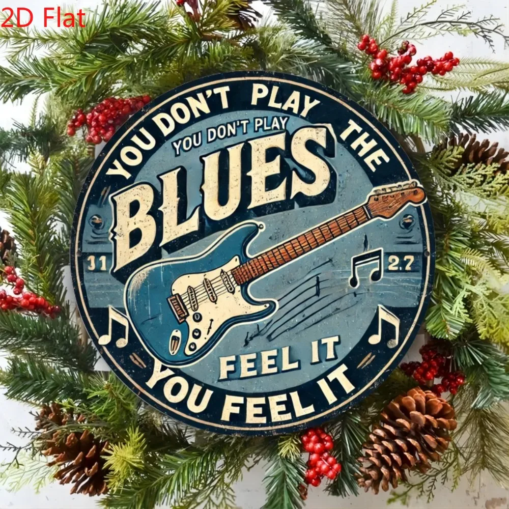 Vintage Blues Guitar Metal Sign - Retro Circular Iron Wall Decor for Bar, Cafe & Kitchen