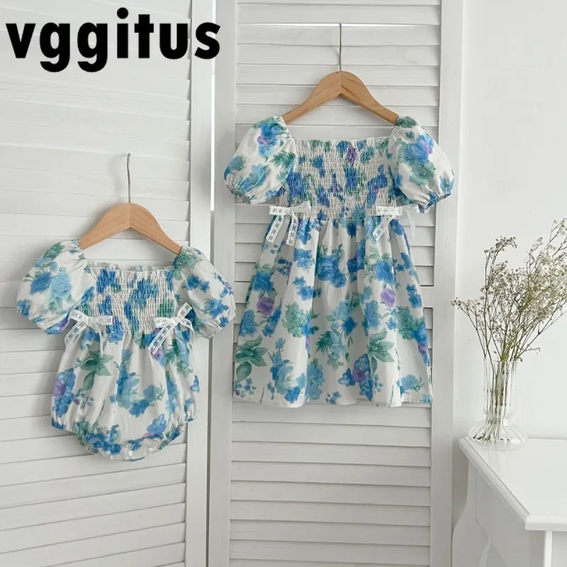 

Baby Girl Sister Matching Looks Summer Thin One-piece Bodysuit Floral Short Bubble Sleeve Smoking Dress Daughter Outwear H050