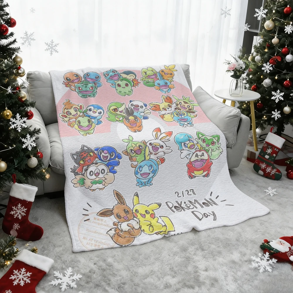 Pokemon Pikachu Gengar Bulbasaur Charmander Squirtle Psyduck Flannel Throw Blanket Soft Warm Blanket for Sofa Bed Home Decor Gif