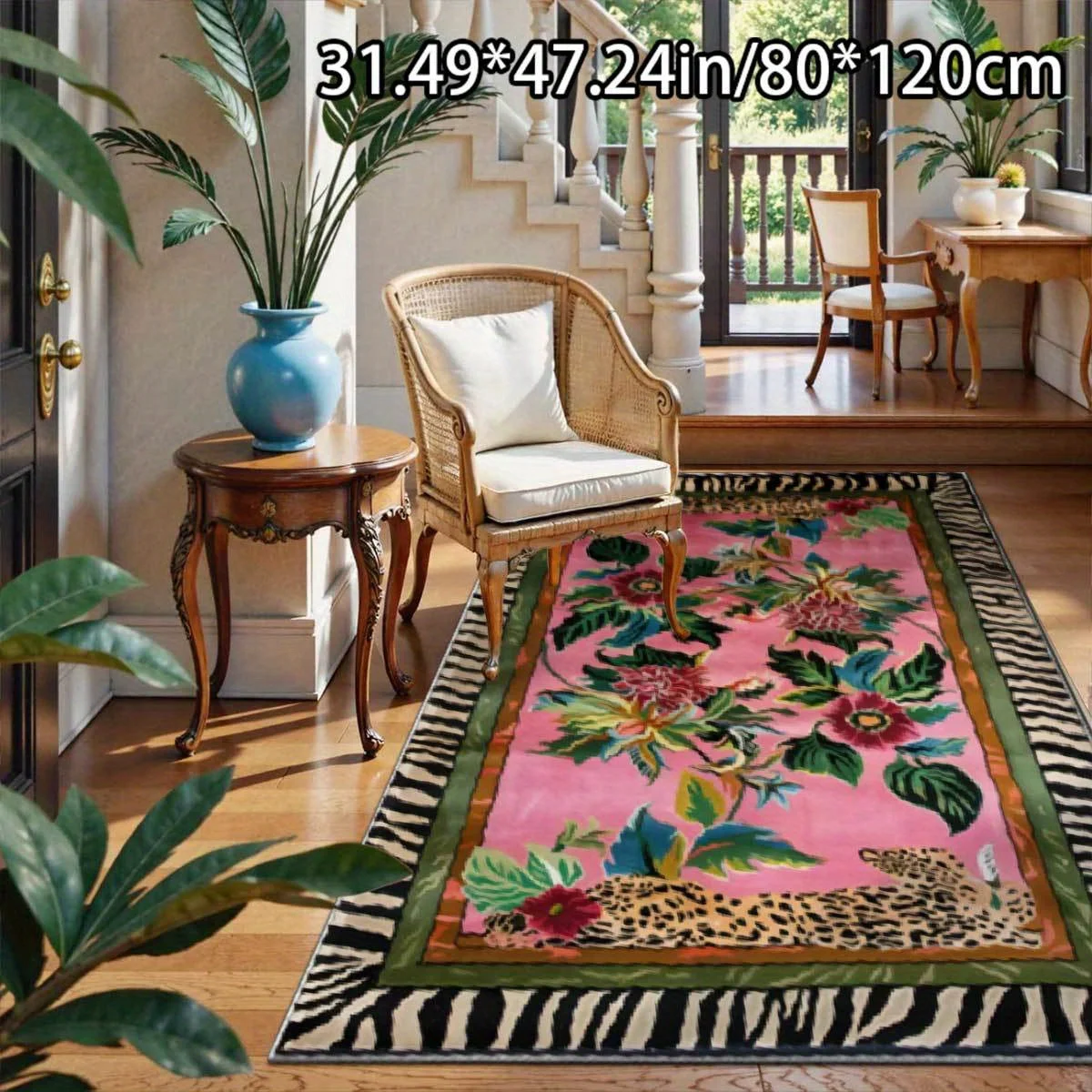 VIKAMA Pink Floral Animal Print Area Rug,Non‑Slip Mat,Tropical Flower Leopard Zebra Border Carpet for Living Room Bedroom Decor