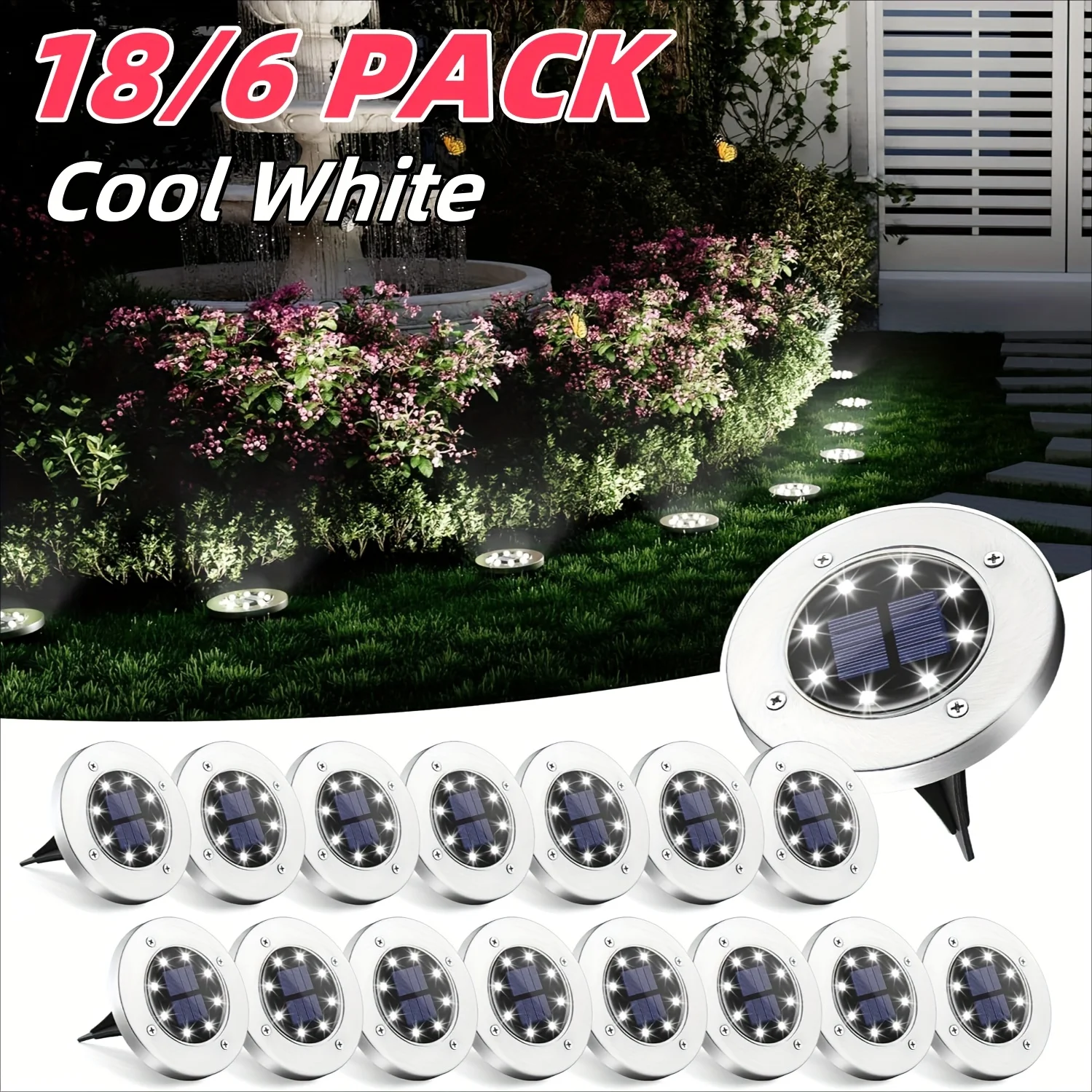

18/10/6 Pack Solar Ground Lights, Solar Lights Outdoor Waterproof, 8 LED Solar Powered Landscape Lighting for Garden Yard Patio Pathway Driveway Walkway Pathway (Cool White)