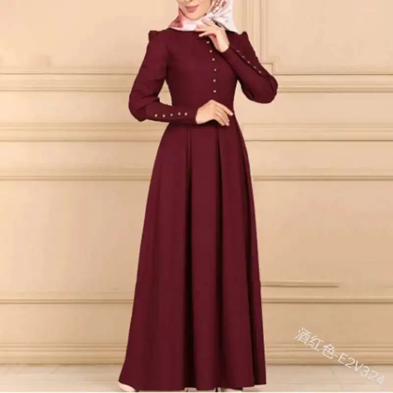 Robe droite mince à manches longues bouton décoratif Robe ethnique 324 Robe longue Robe Abaya Ramadan dubaï luxe Islam élégant