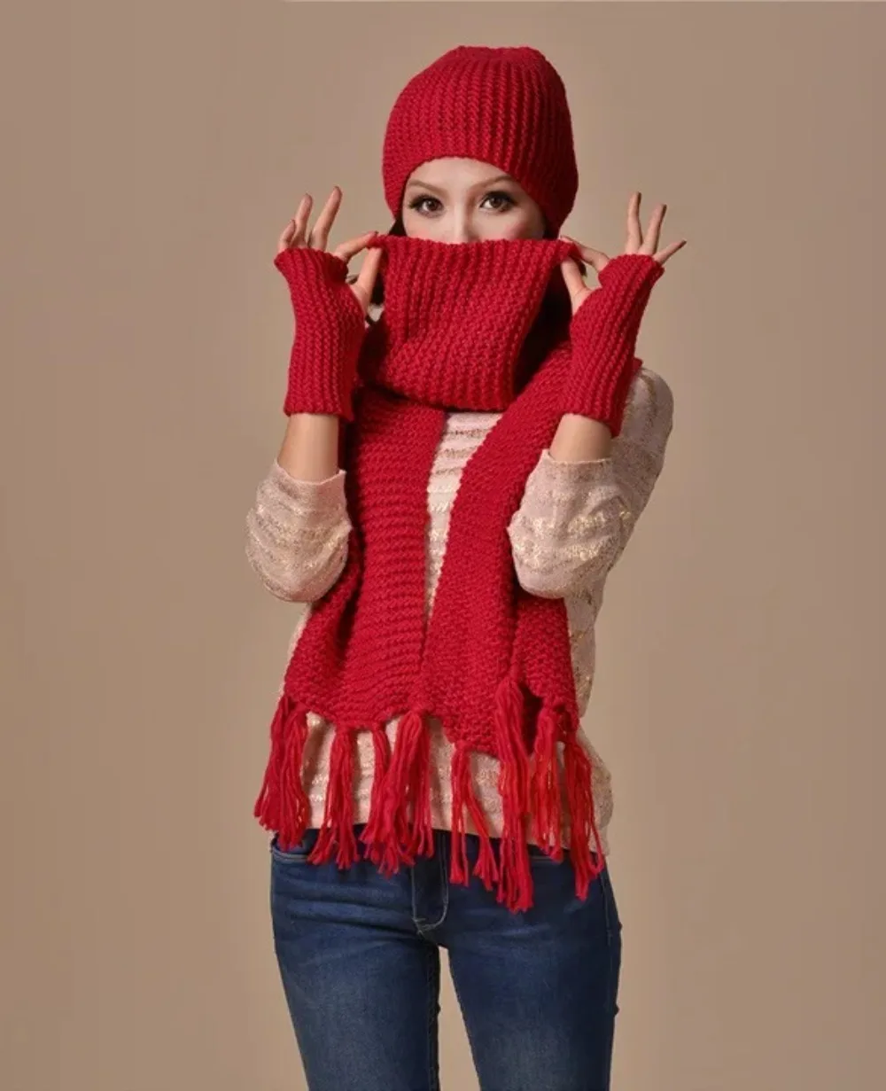 New 3pcs Women Fashion Hat+Scarf+Gloves/set Winter Outdoor Woman Warm Scarves Wool Knitted Hats Gloves