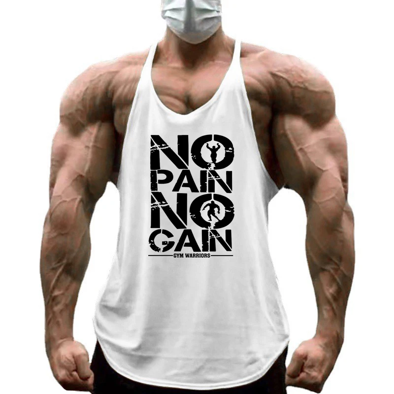 NO PAIN NO GAIN Men's Cotton Curved Hem Stringer Tank Tops Deep Low Scoop Neck Bodybuilding Gym Vests Muscle Sleeveless Shirt