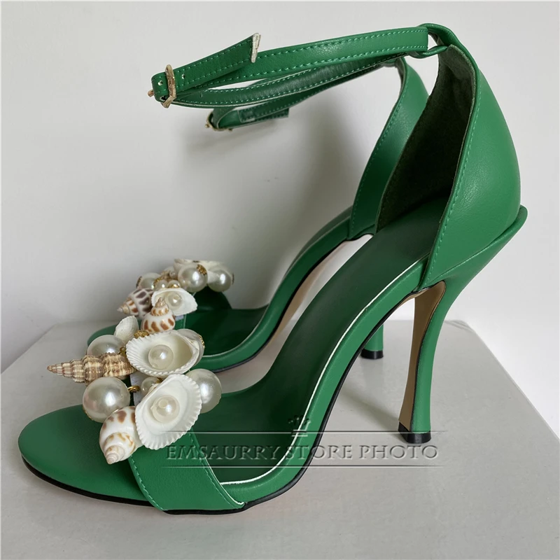 Beaded Crystal Shell-Flower Modern Sandals Women 10cm Stiletto Heel Genuine Leather One-Strap Summer Shoes For Girls