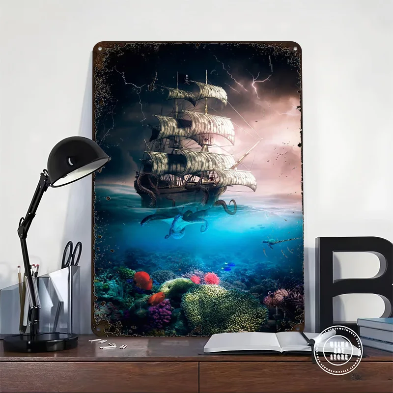Kraken Attacks Pirate Ship Printing Poster Customized Retro Wall Art Vintage Metal Signs for Mancave Home and Decoration Gaming