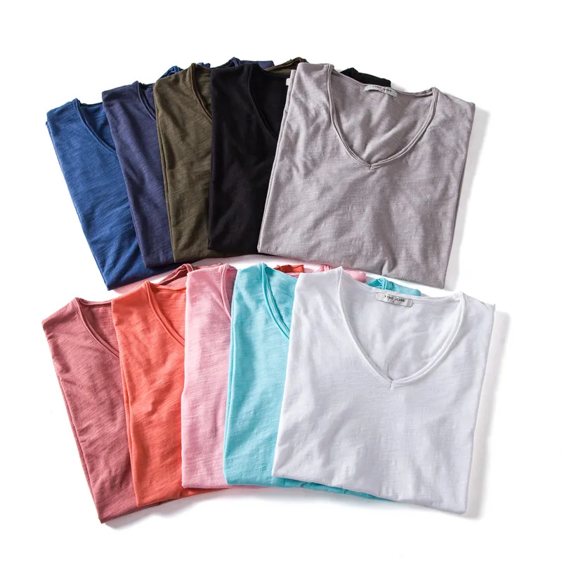 V-neck solid colour bamboo cotton short sleeve T-shirt cotton