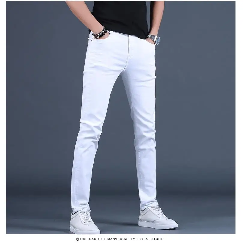 Mode Zwart Wit Denim Slim Fit Potlood Broek Voor Heren Lente Herfst Streetwear Broek Luxe Heren Kleding Skinny Jeans Heren