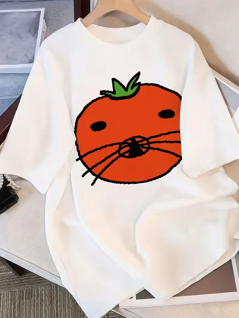Funny Tomato Cartoon Graphic T-Shirt Sitting Tomato Print Casual Short Sleeve Minimalist Vegetable Design Crewneck Tee for Daily