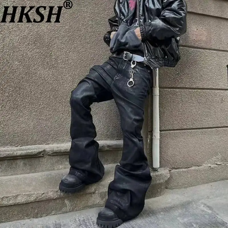 HKSH Spring Autumn New Men Tide Punk Coated Brushed Wax Streamer Ins Flare Jeans Gothic RO Style Denim Pants Slim Skinny HK26188