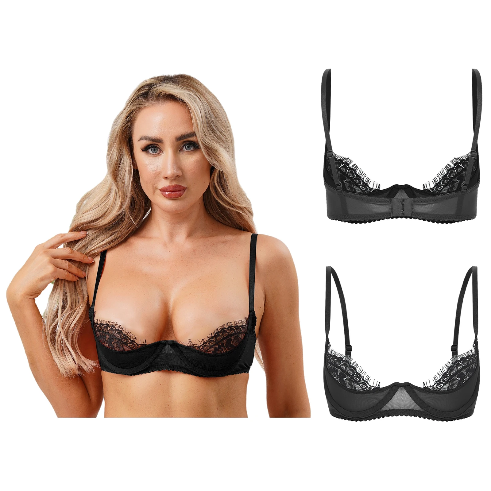 

Women Sexy Low Cut Lace Bra Lingerie Eyelash Lace Trim Push-up Brassier Tops Adjustable Shoulder Straps Everyday Dail Wear Bras
