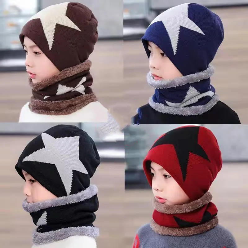 2022 New Winter Add Fluff Childen Star Hat Set Boys Girls Neck Scarf Warm Balaclava Kids Knitting Children Hat Scarf 2pcs Sets