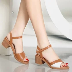 Women Casual Beige High Quality Peep Toe Comfort Buckle Strap Square Heel Sandals Lady Cool Spring Summer Shoes Sandalias E59b