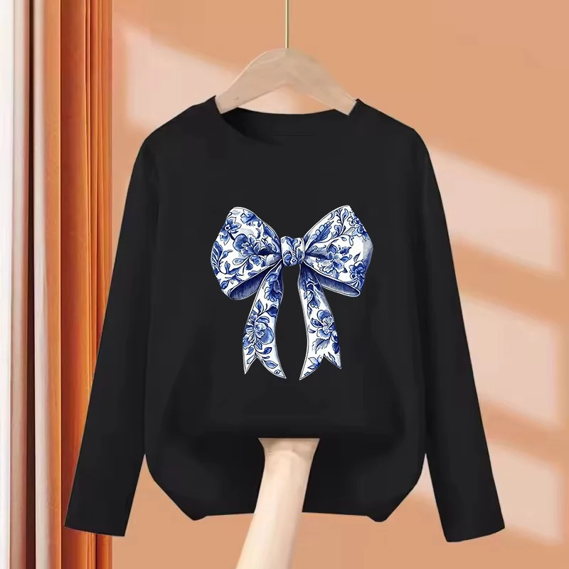 Girls Y2k Blue Lover Bow Design Printed T Shirts Kids Children's T-shirt Long Sleeve Girls Summer Spring Casual Top Tee