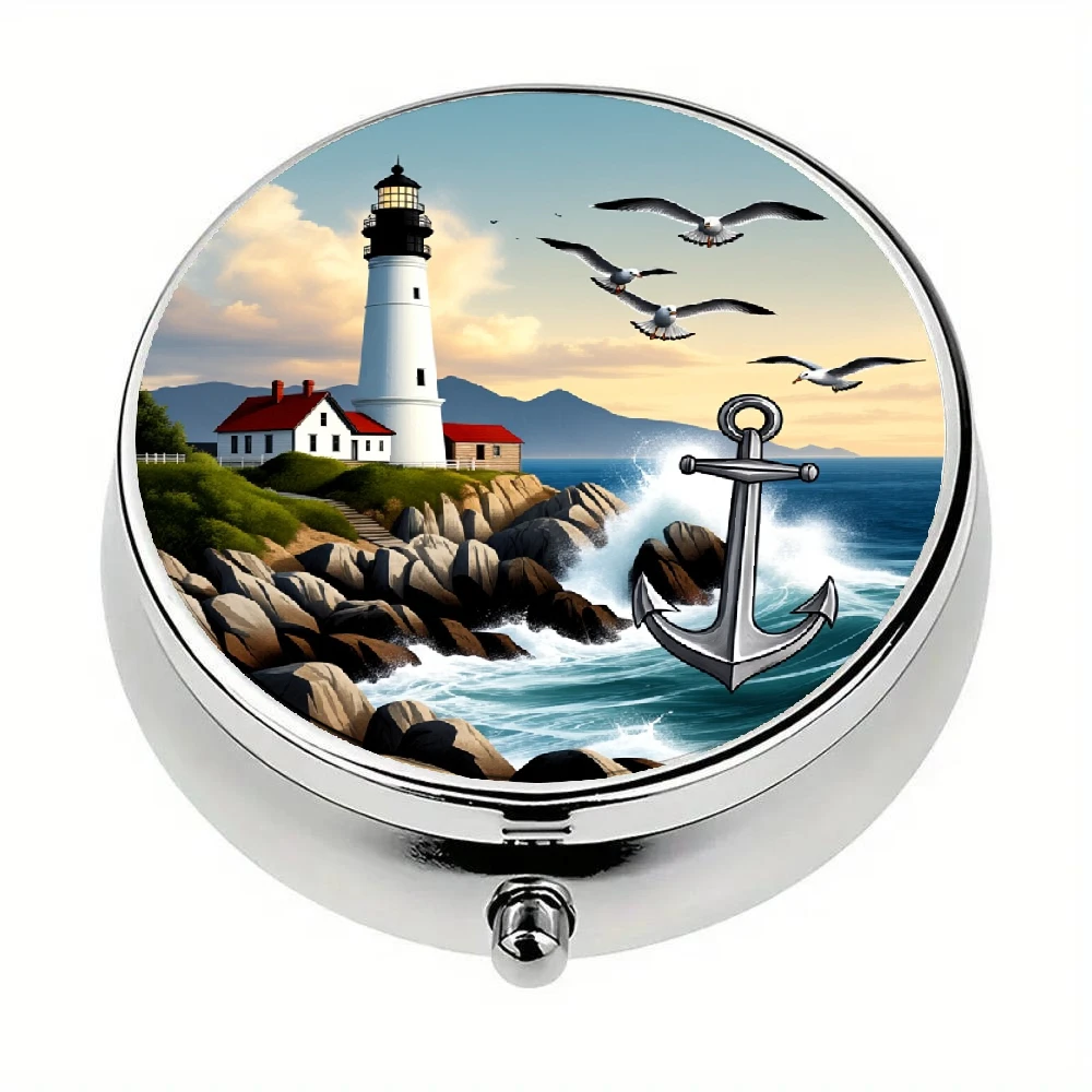 Two-Dimensional Pill Box Organizer with Lighthouse and Coastal Scenery, Featuring an Anchor and Seagull It Has Three Compartments, Is Portable, and Easy to Fit into a Wallet or Purse, Making It an Ideal Choice for Travel and Family Needs.