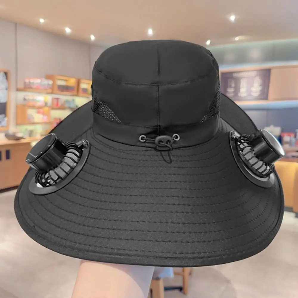 

Convenient Removable Solar Fan Hat Dual Fan Breathable Wide Brim Sun Cap 3 Speeds High Wind Power Fishing Bucket Hat Fishing