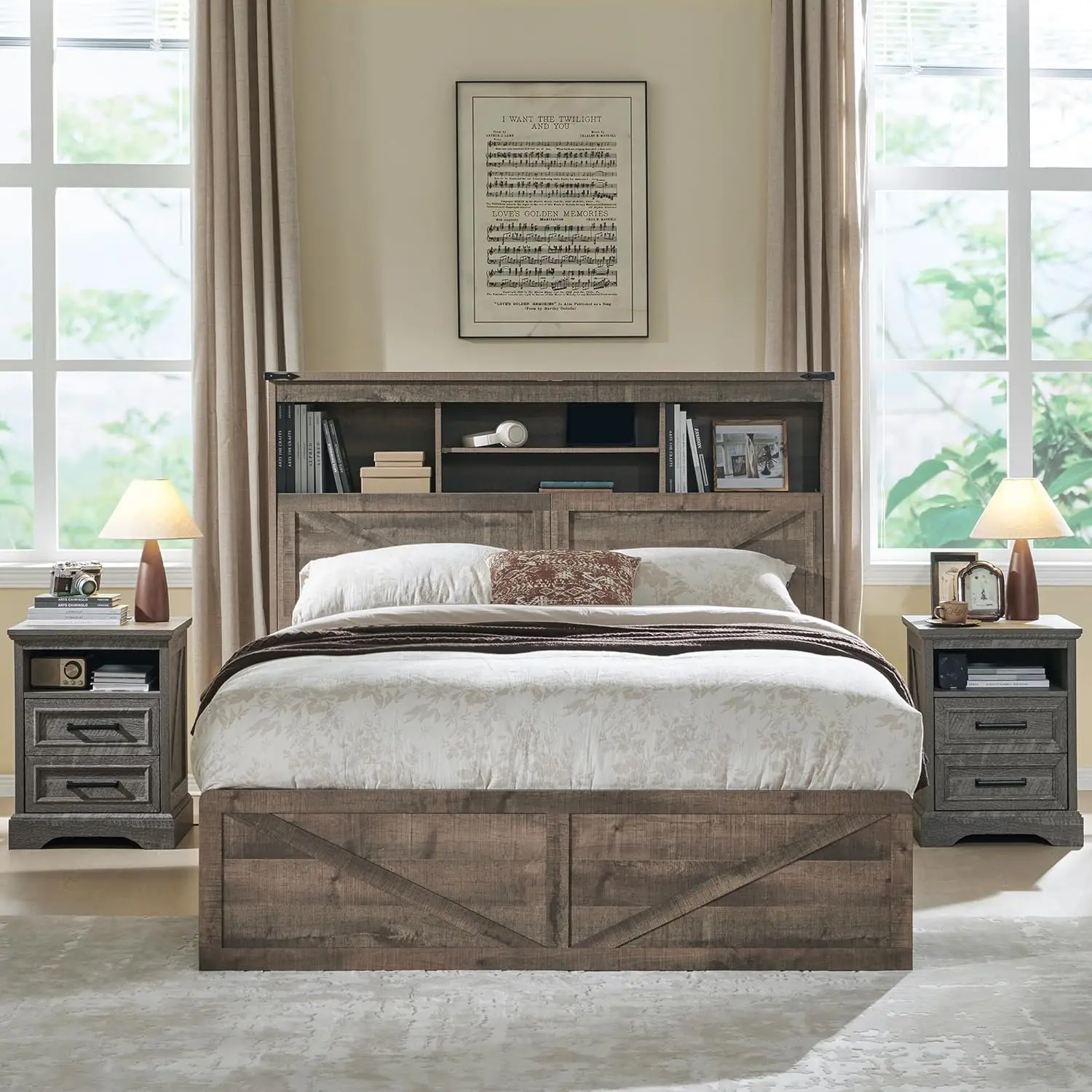 

Farmhouse Full Size Wood Bed Frame with 52" Tall Storage Headboard and 4 Drawers,LED Light,Charging Station