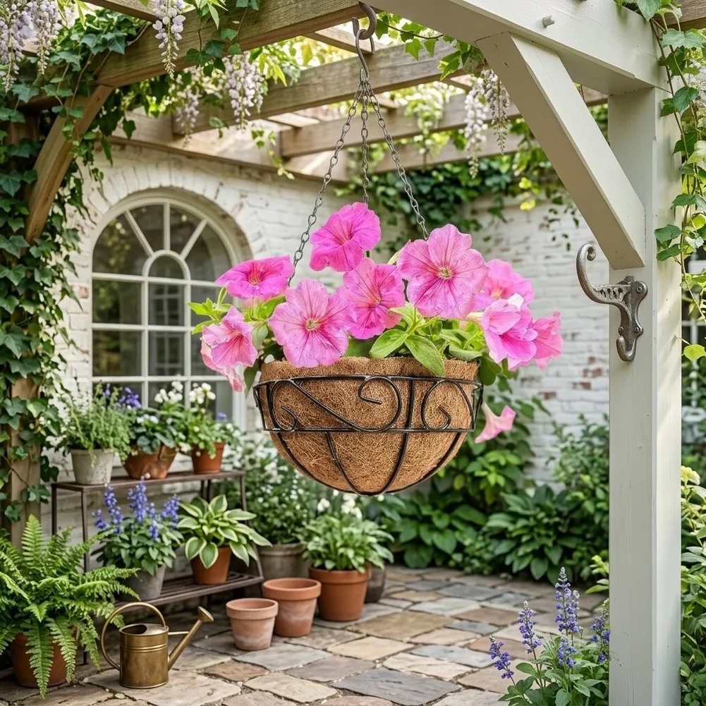 2Pcs Hanging Plant Baskets Hanging Baskets Flower Basket Pots With Hook Hanger Natural Coconut Liner