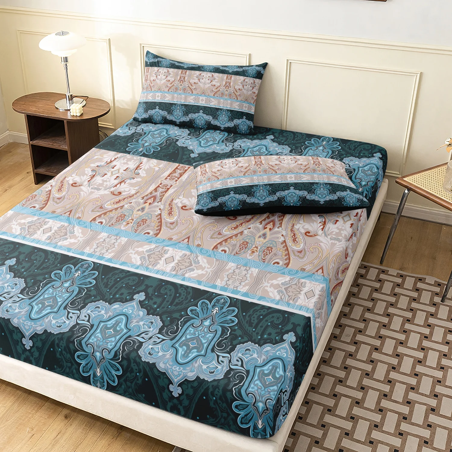 Elegant Retro Baroque Paisley Print Fitted Sheet Set, 3Pcs Teal Green Beige Striped Vintage Floral Symmetric Pattern Bedding