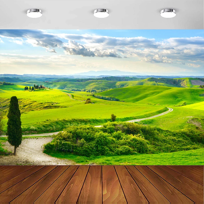 Fondo de fotografía Stud granja valla de madera rústica pastos de primavera hierba verde pradera caballo Rancho fondo cartel de pared cartel