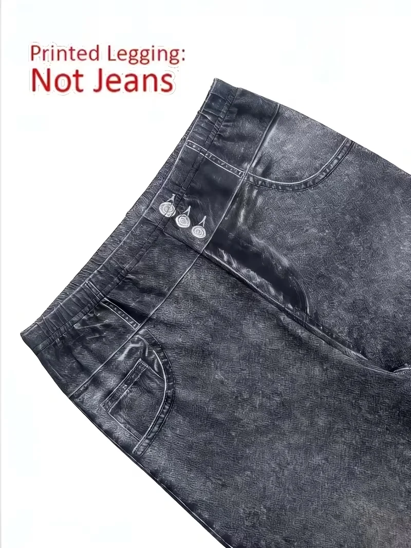 Bedruckte Leggings, kein Denim-Stoff, Caprihose mit aufgedruckter, aber nicht vorhandener Tasche und Knopf, hochelastische, neue, modische Skinny-Hose. – Detail 5