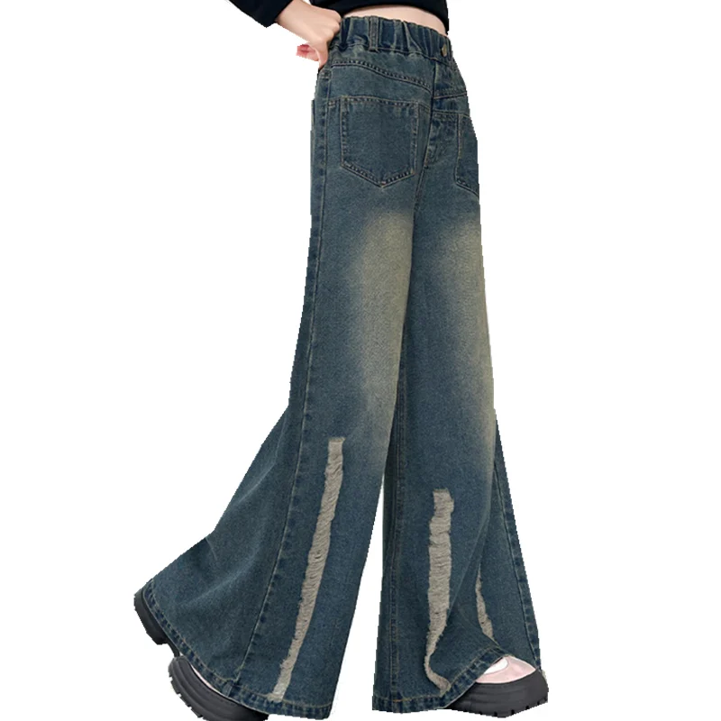 

New Design Child Baggy Bootcut Jeans For Girl Fashion Street Denim Pants Kids High Waist Oversized Wide Flared Jeans Trousers