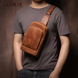 LUOKIR High Quality Real Leather Chest Bag For Men's Vintage Single Shoulder Sling Bag Casual Crazy Horse Cowhide Crossbody Bags