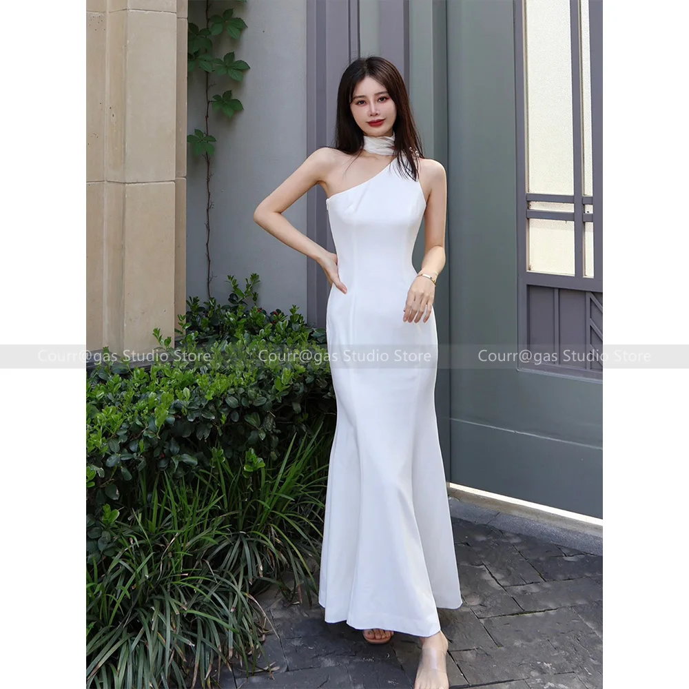 

2024 Summer new niche sexy pure desire wind white straps oblique collar Slim fishtail long dresses