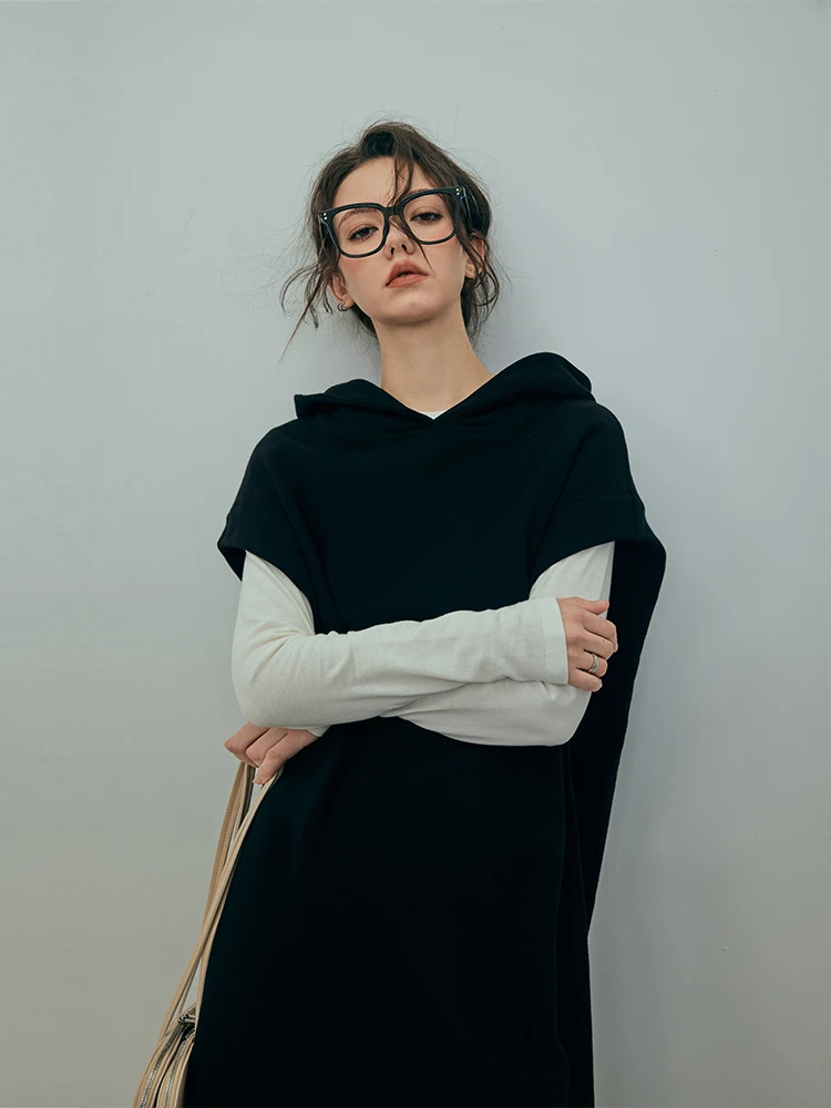 

Трикотажное платье Vever Zhang Da из 100% хлопка, плотное, свободного кроя, с капюшоном, повседневное, черное