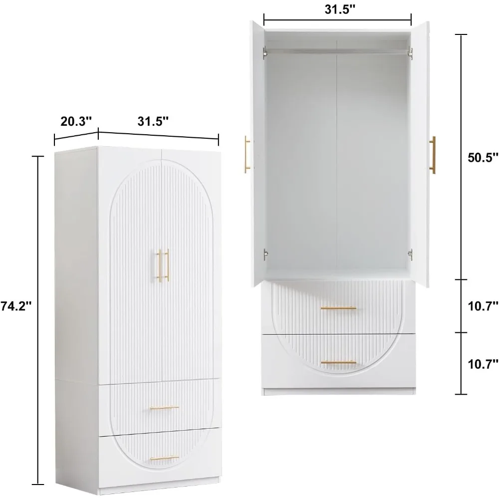 2 Wardrobes, 2 Drawers Wooden White Wardrobes, Large Capacity with Hanging Bars, Suitable for High Cabinet Wardrobes