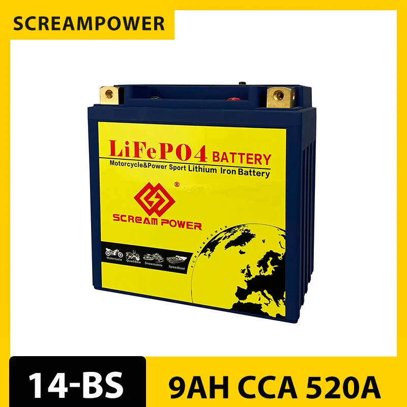 12V 9Ah 520CA Lithium Motorcycles Battery 14-BS with Smart BMS, Lithium Battery For Dirt bikes,ATV,Scooter,Snowmobile,Motocross