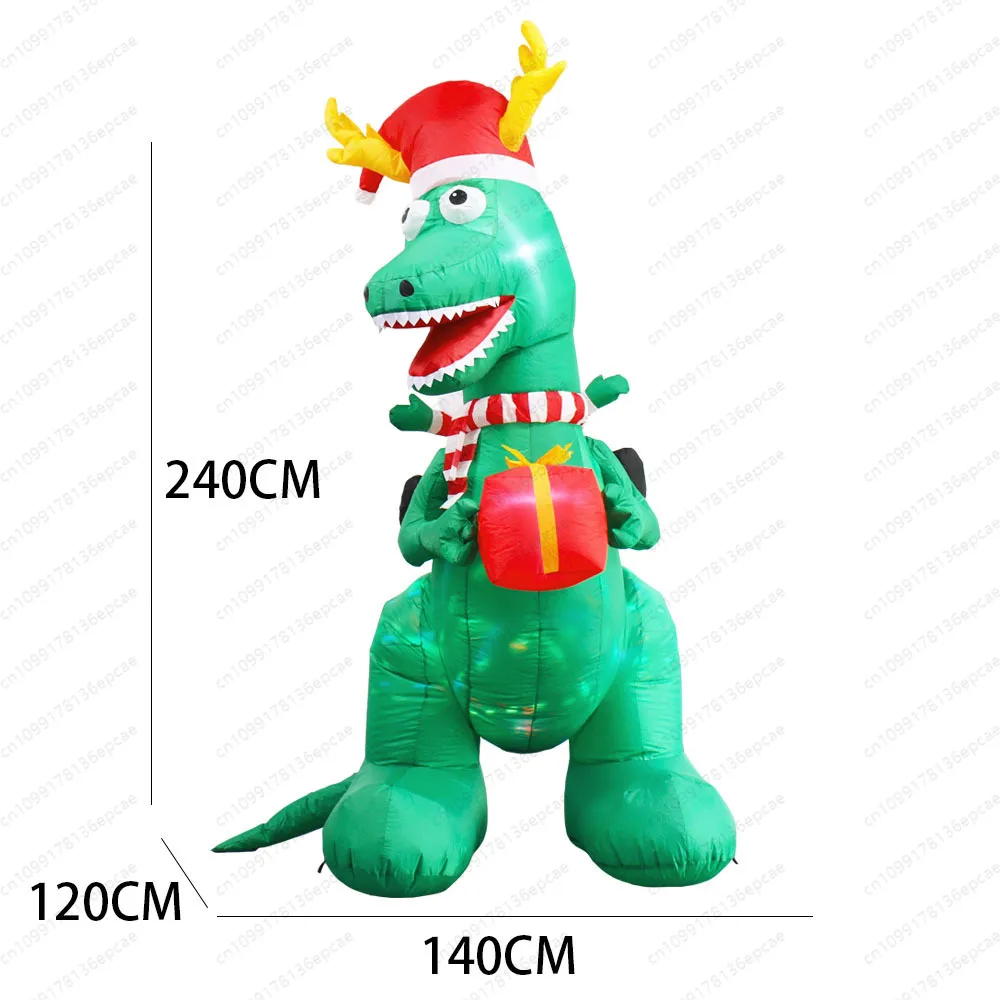 8FT Christmas Inflatable Claus Back Gift Bag Ride Dinosaur Yard Party with Rotating Lights Inflatable