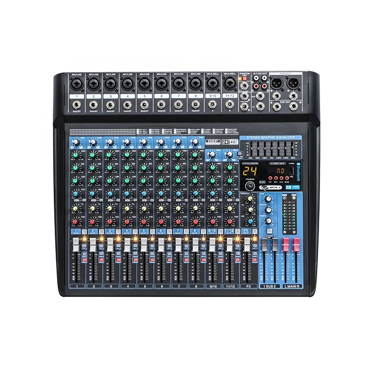 

GM-12X Sound Mixer Console 12 Channel Blue-tooth/MP3 Built-in 24-bit DSP/7-band EQ/2 AUX/2 Groups For Recording Condenser Mic