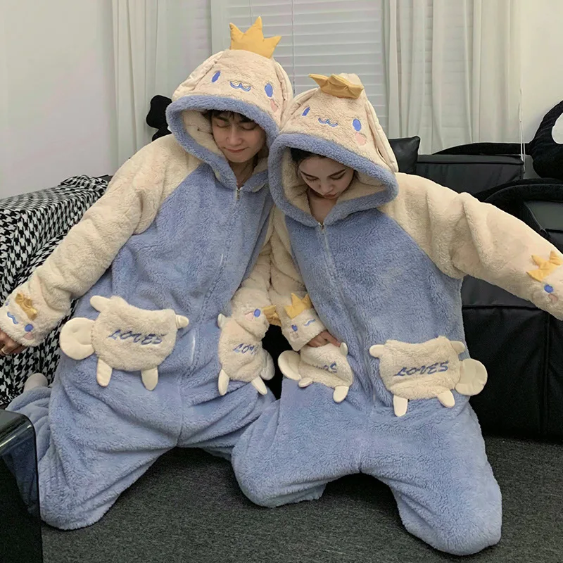 Sanrios Kuromi Cinnamoroll Plush Pajamas Kawaii Anime Creativity Couple Hooded Nightwear Suit Winter Boy Girl Conjoined Homewear