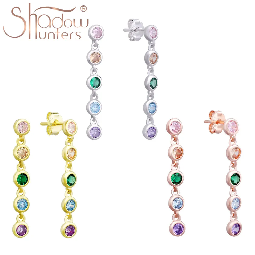 

SHADOWHUNTERS 925 Sterling Silver Colorful Clear Zircon Connected Drop Earring For Women Multi Color Round Zircon Long Drop Stud