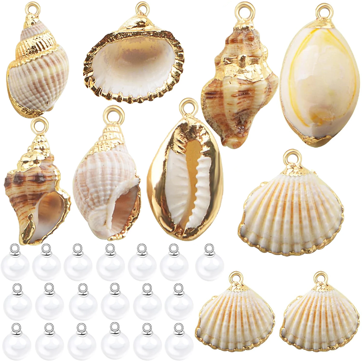 

10pcs 5 Styles Natural Beach Shell Conch Seashell Charms Pendants and 30pcs 8 mm White Pearls Handmade Beads Set for DIY Crafts
