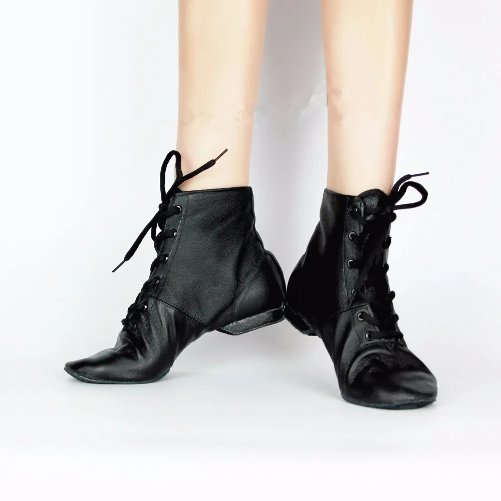 Black Genuine Leather Soft Dancing Sneakers 28-44 Gymnastics Unisex Lace-Up High Top Jazz Dance Shoes