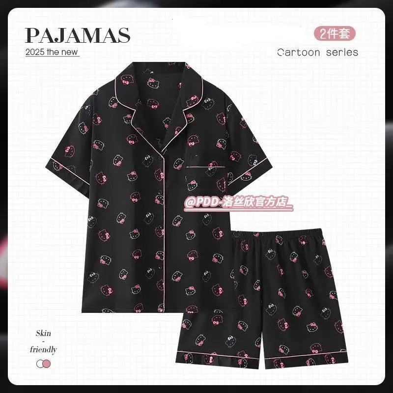 Hello Kittys nuevo estilo pijamas de manga corta de seda de hielo moda chica estudiante Sanrio verano dibujos animados ropa al aire libre ropa para el hogar traje