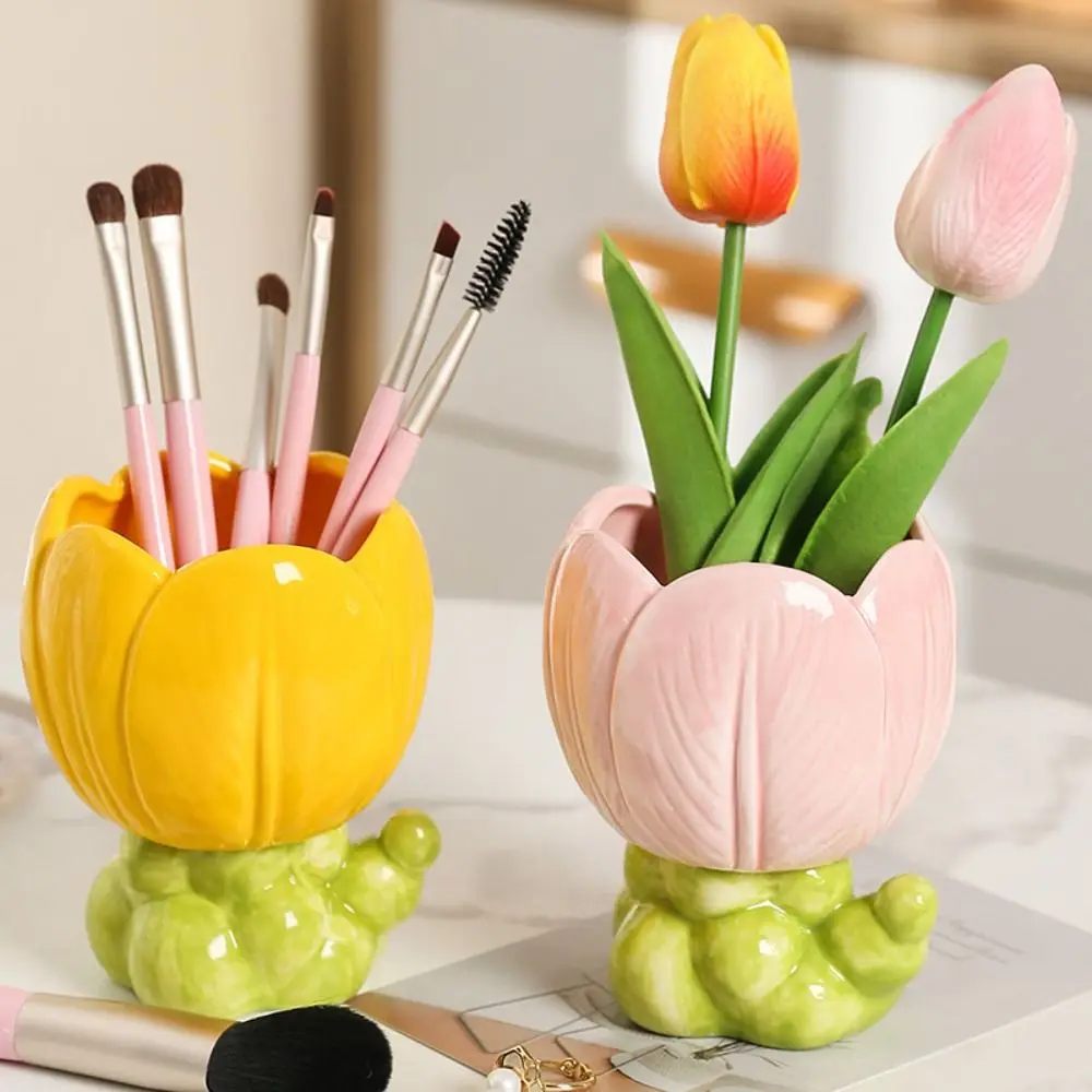 Ceramic Ceramic Tulip Pen Holder Large Capacity Retro Flower Makeup Brush Storage Bucket Tulip Flower Cute