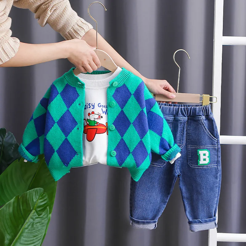 

Childrens Sweat Set Korean Baby Boy Clothes 9 To 12 Months Cardigan Sweater Coats + T-shirts + Pants 3PCS Kids Boys Outfit Set