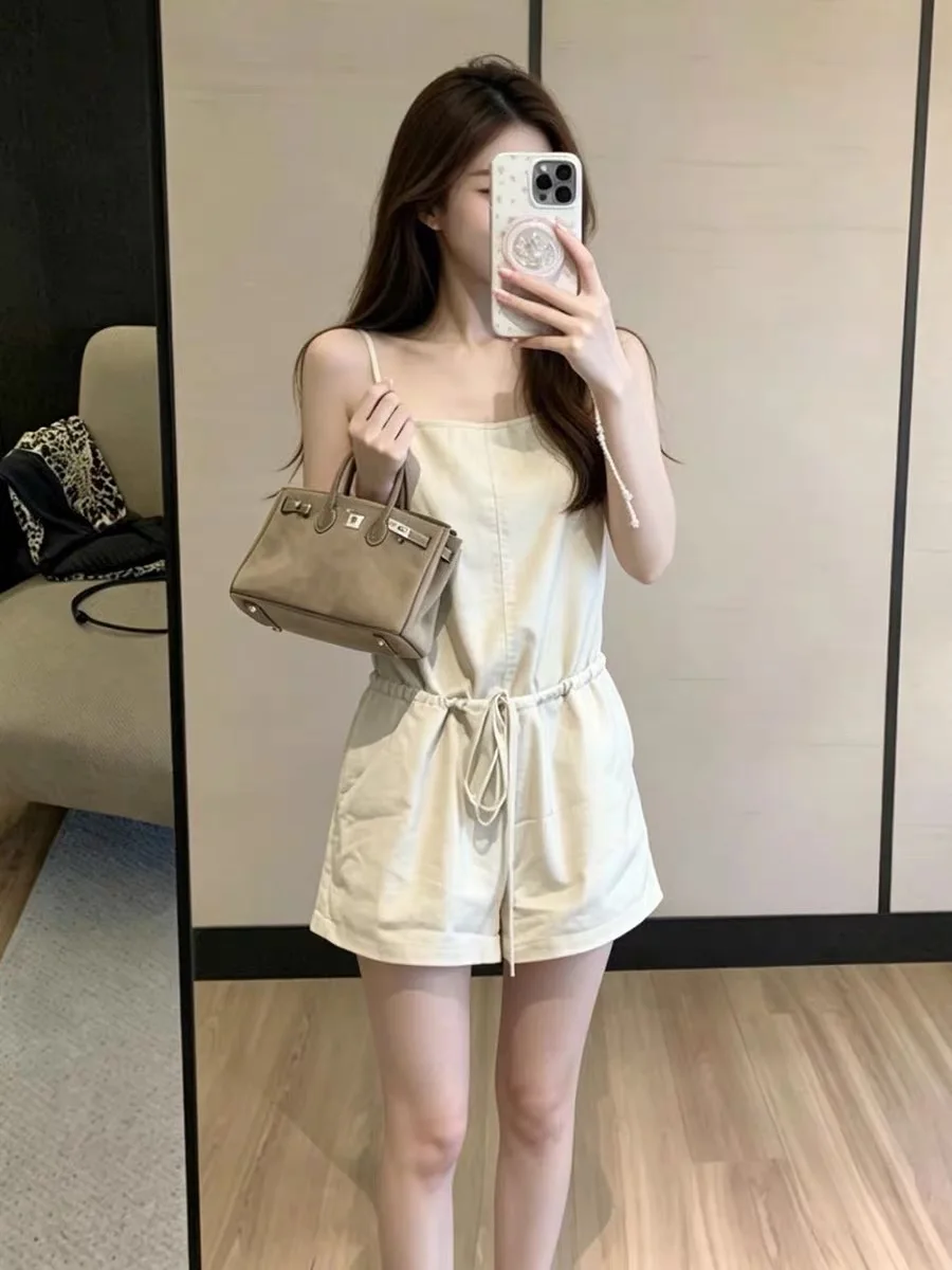 Shortalls Drawstring Waist Strappy Jumpsuit for Women Summer Tie Waist Slim Loose Wide-Leg Overall Shorts Romper