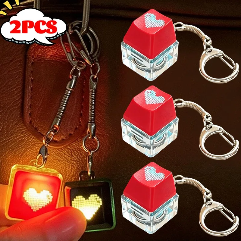LED Glowing Pixel Heart Keycap Keychain Fidget Stress Relief Press Click Decompression Gadget Keyboard Charm for Backpack Purse