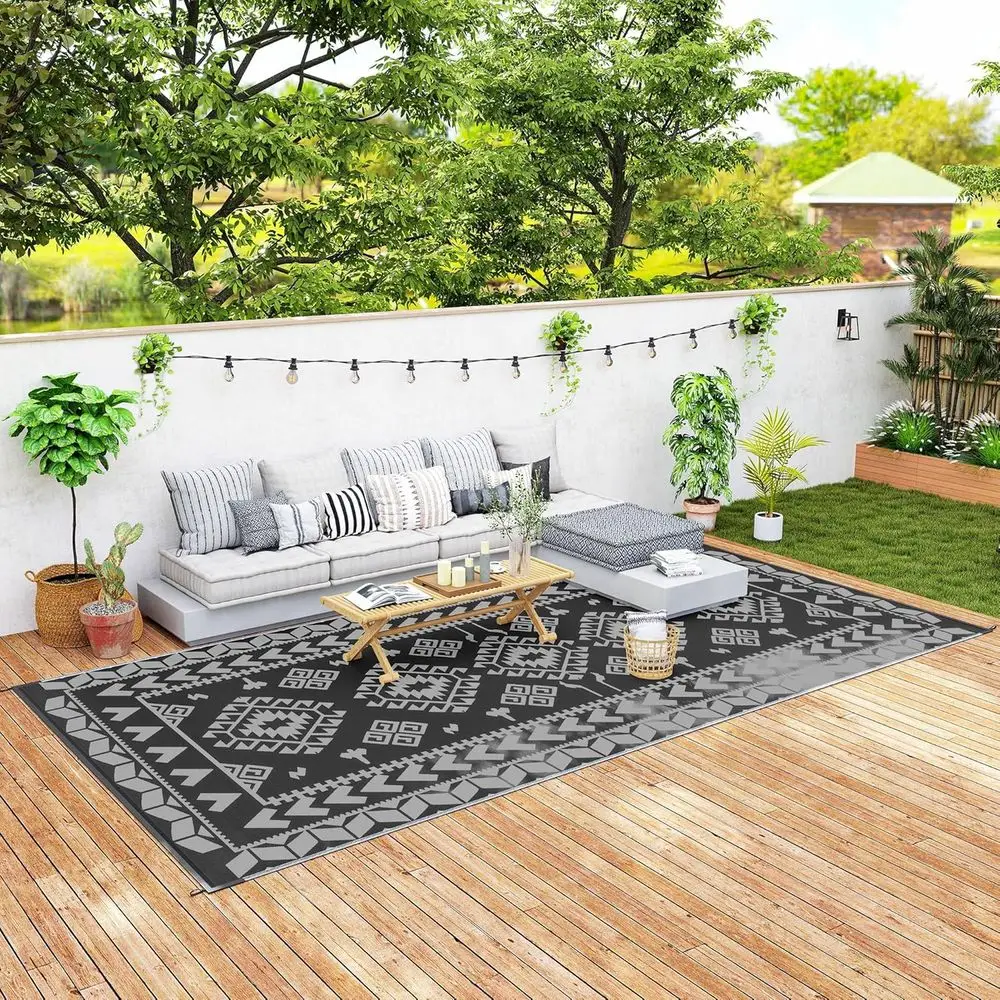 

Водонепроницаемый большой уличный коврик 9' x 18', двусторонний пластиковый коврик, портативный для автодома, кемпинга, двора, террасы, пикника, черный и серый (с рисунком)