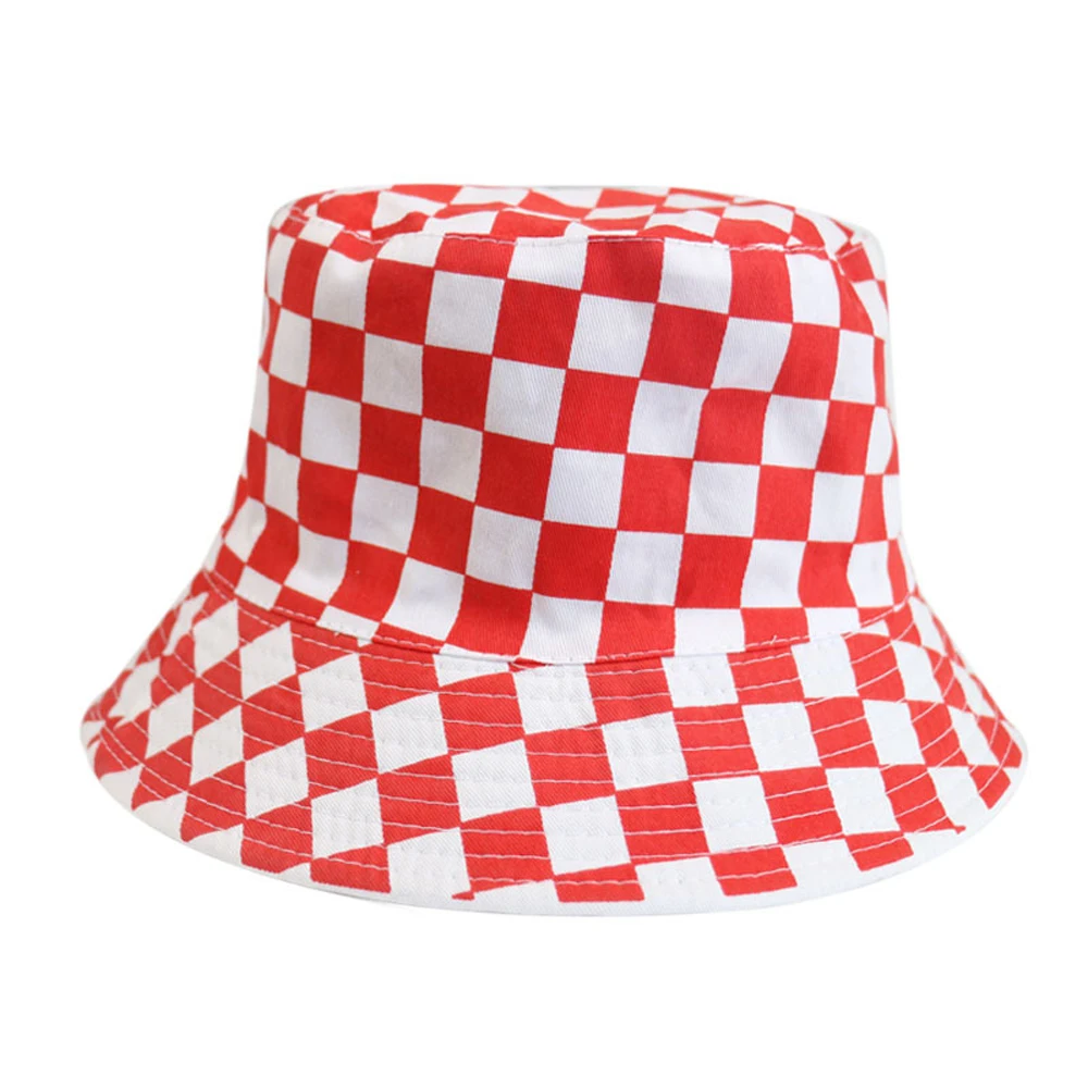 Red White Plaid Personality Bucket  Cap For Unisex Women Men Cotton Fishermen Hat Factory Sells Directly