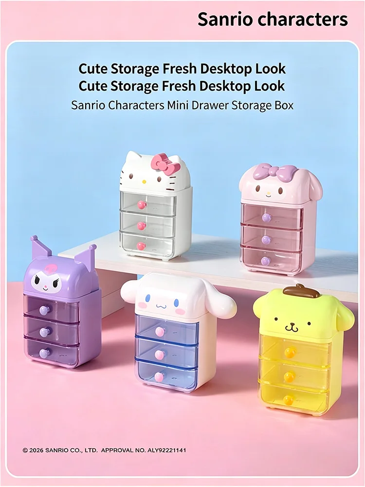 Genuine Mini Drawer Storage Cabinet Cute Hello Kitty Kuromi My Melody Transparent Dustproof Desktop Organizer