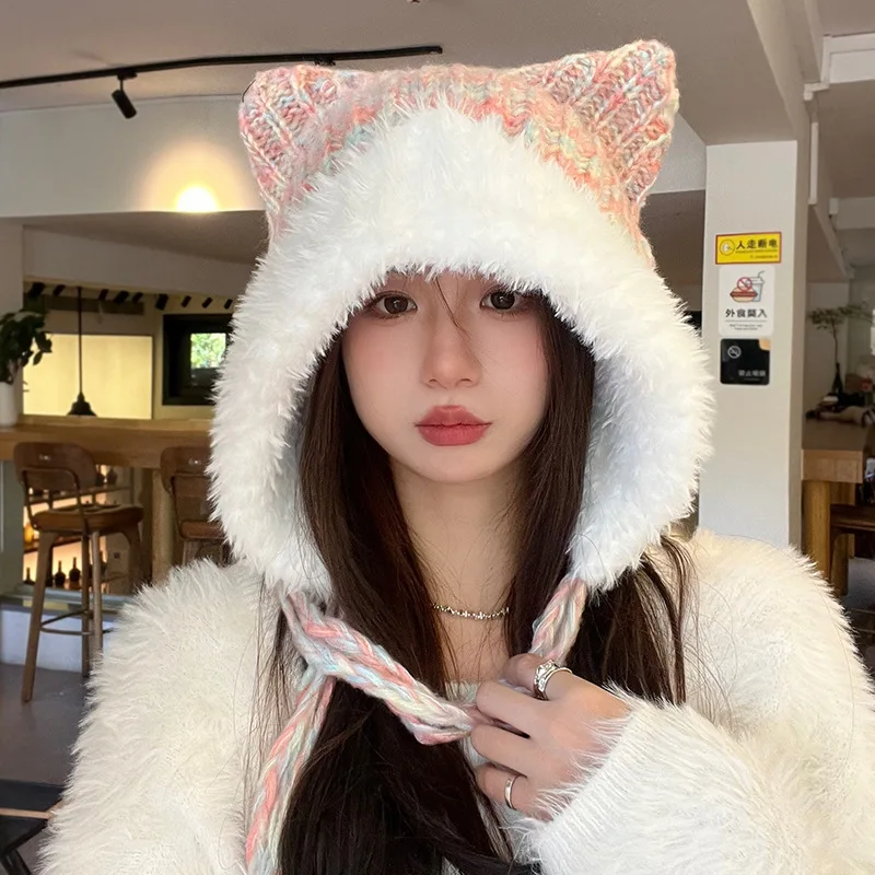 Cute Bear Bomber Hat Autumn and Winter Woolen Knitted Cat Ear Hat With Soft Warm Brim Long Braid Strap